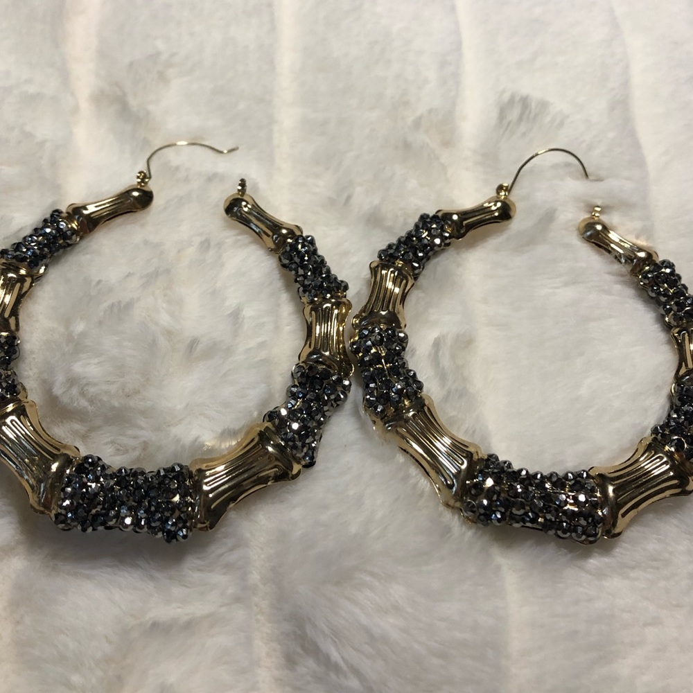 Faux Gold Hoop Bamboo Earrings w/Black Rhinestones
